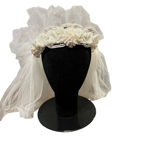 Vintage 1990s Beaded Bridal Headband Veil Cream Tulle Two Tier Mid Length - Picture 12 of 16